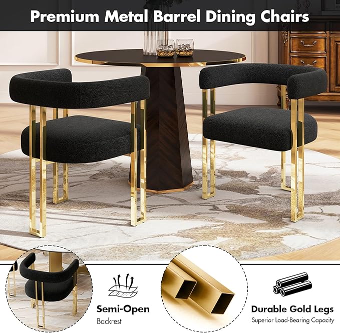 Set of 4 Modern Black Boucle Dining Chairs with Gold Metal Legs, Mid Century Accent Upholstered Barrel Armchairs with Open-Back for Kitchen, Dining Room, Living Room, Apartment