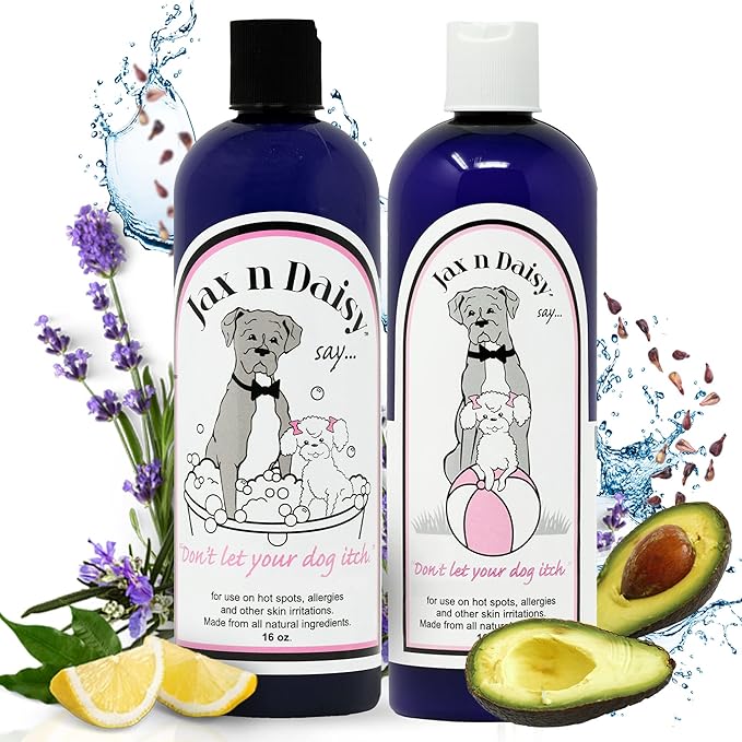 Jax n Daisy Soothing Dog Shampoo for Sensitive Skin Allergies and Itching Jumbo Pack with 16oz Shampoo and Lotion for Dry Skin Soothing and Smell Eliminating Dog 2 Packs