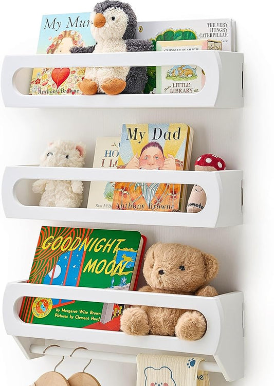 Bamboo White Nursery Floating Book Shelves for Wall, 16.5 Inch - Set of 3 Wall Mounted Multi-use Shelves, Kids Room, Playroom, Nursery Decor and Storage