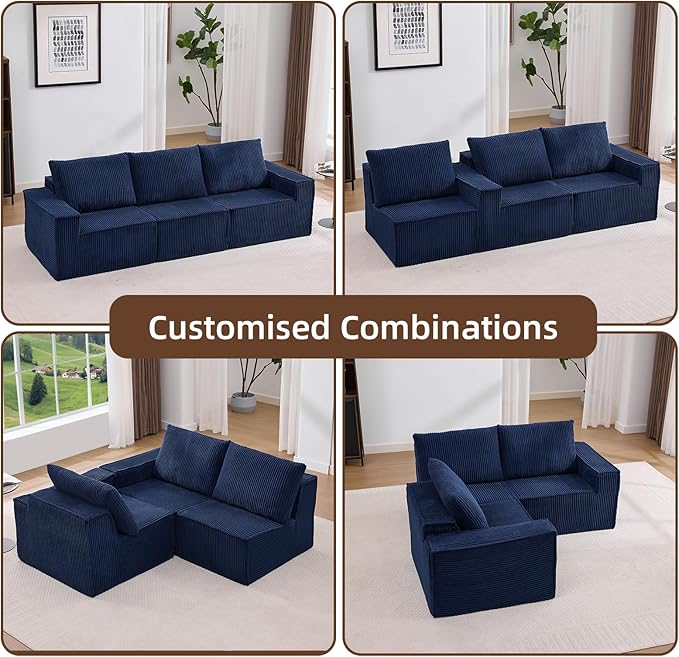 102” Boneless Modular Couch, 3 Seater Cloud Sofa for Living Room, Modern Sectional Sofa with Deep Seat, Comfy Fluffy Loveseat Couch, No Assembly Required,Blue