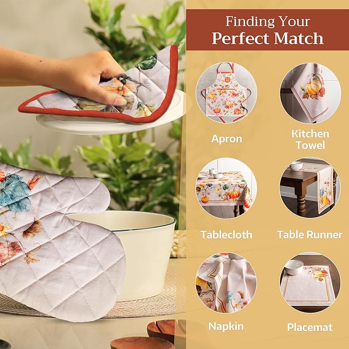 Maison d' Hermine Pot Holders Set 100% Cotton Heat Resistant Potholders 8" x 8" Hot Pads with Loop for Thanksgiving Christmas Decorations BBQ Cooking Baking Handling Hot Pans (Pack of 2, Potiron)