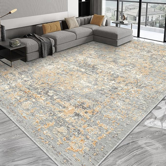 Area Rug 8x10 Rugs for Living Room Abstract Washable Rugs Area Rugs Carpet for Bedroom Living Room Indoor Non Slip No Pile, Machine Washable Area Rugs(Grey-Based with Yellow 8x10)