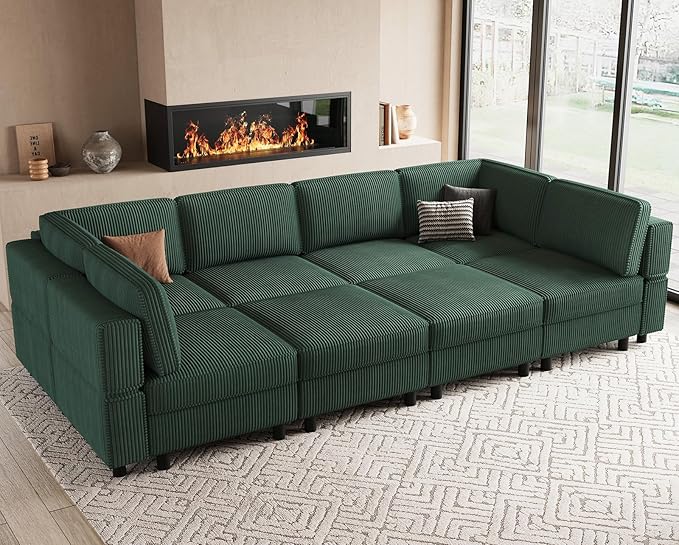 114.2" 8 Seat Modular Sectional Sofa with Deep Storage Seat, Comfy Corduroy Sectional Couch Convertible Modular Sleeper Sofa Couch with Movable Ottoman Chaise, Green