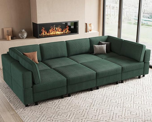 114.2" 8 Seat Modular Sectional Sofa with Deep Storage Seat, Comfy Corduroy Sectional Couch Convertible Modular Sleeper Sofa Couch with Movable Ottoman Chaise, Green