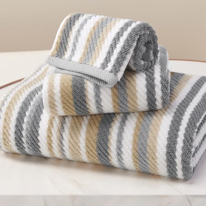 Cotton Towels Set of 3, 3PC Striped Towels - 100% Cotton & Quick Dry - 1 Soft Bath 28"x52", 1 Absorbent Hand 16"x27", 1 Lightweight Washcloth 13"x13", Tan Body Towel with Hanging loop, Gray + Beige