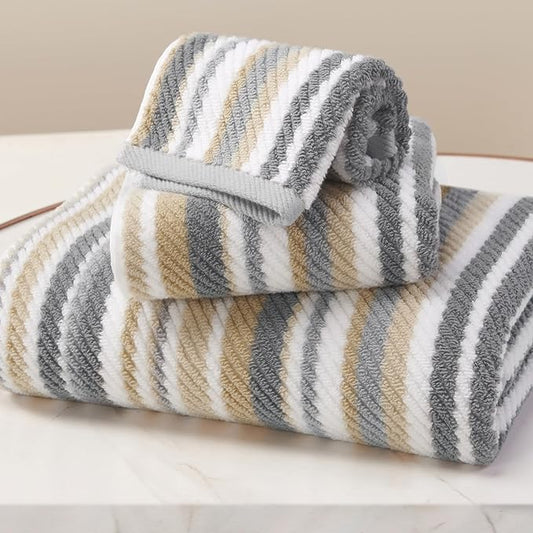 Cotton Towels Set of 3, 3PC Striped Towels - 100% Cotton & Quick Dry - 1 Soft Bath 28"x52", 1 Absorbent Hand 16"x27", 1 Lightweight Washcloth 13"x13", Tan Body Towel with Hanging loop, Gray + Beige
