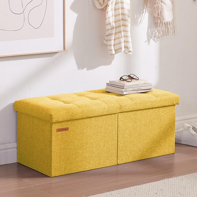 HAUSFRAU 31.5 Inches Ottoman with Storage Bench, Folding Ottoman Bench Small Foot Rest Stool, Bedroom Bench with Flipping Lid, Linen Yellow