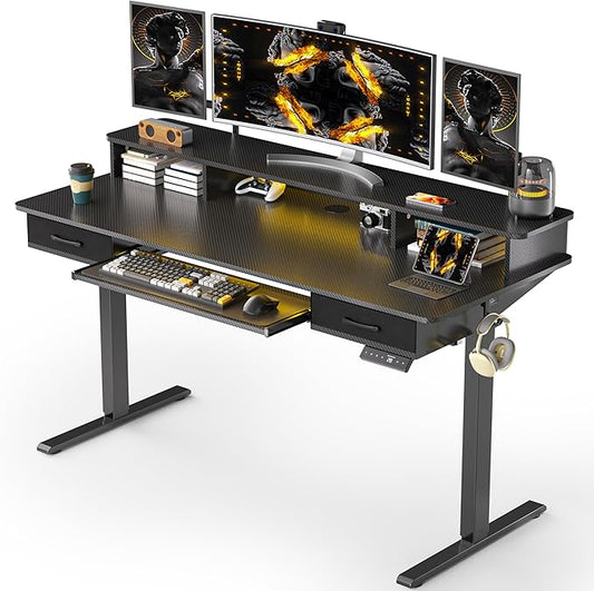 55x24 Inches Electric Standing Desk with Keyboard Tray, Height Adjustable Stand up Desk with 2 Drawers, Ergonomic Sit to Stand Desk with Storage Monitor Stand, Computer Table, Black