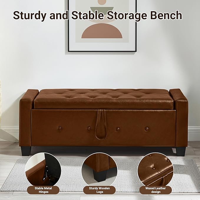 48" Faux Leather Ottoman with Storage, Tufted Storage Ottoman Bench with Safety Hinge, Rectangular Extra Long Bench for Bedroom, Living Room, Entryway and Window, Brown