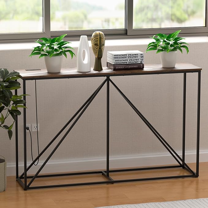 Console Table, 51" W × 12" D × 31.5" H Sofa Table Behind Couch, Entryway Table with Electrical Outlet & USB Ports, Industrial Pyramid Metal Base Console Table for Entryway, Rustic Brown