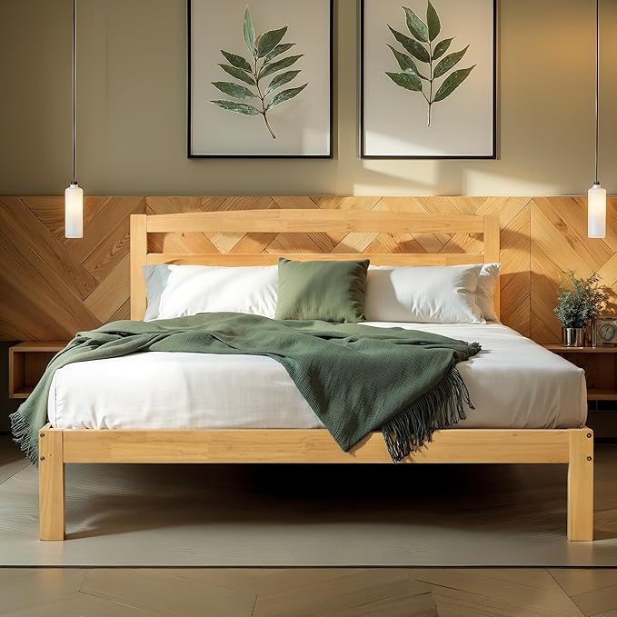 Hokway Wood King Size Bed Frame and Headboard- No Wobble,Noise-Free,Easy Assembly with Precise Holes,12 in Reinforced Center Legs,No Box Spring Needed,Natural