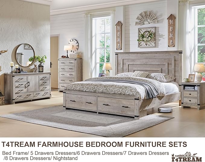 T4TREAM Farmhouse Queen Size Bed Frame with 54" Tall Geometric Headboard & 2 Large Storage Drawers, Rustic Wood Platform Bed with Wood Slats Support, No Box Spring Needed, Light Rustic Oak