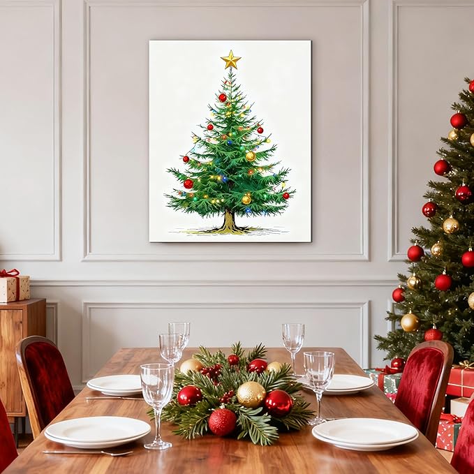 Framed Christmas Pictures Wall Decor,Vintage Pine Tree Prints,Winter Christmas Canvas Wall Art Decoration for Bedroom Bathroom Living Room Rustic Xmas Holiday Gifts (Christmas Tree 7, 16'' X 20'')