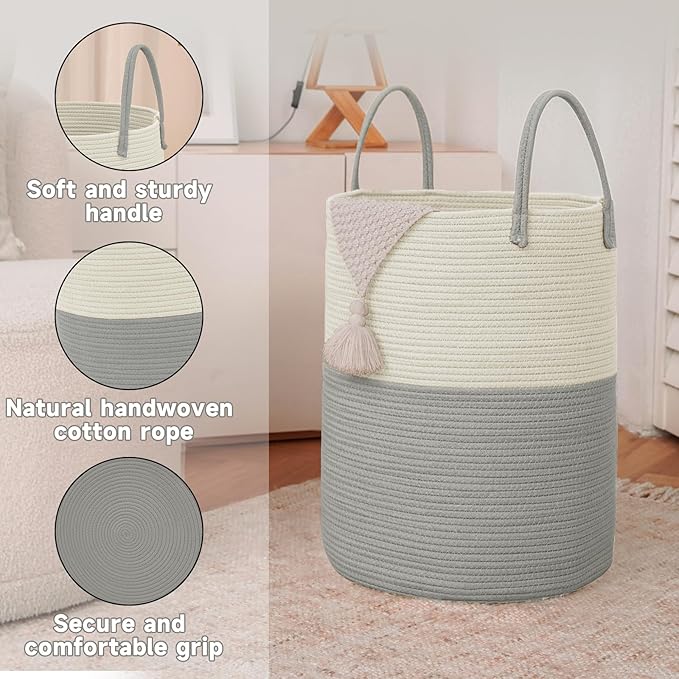 Large Woven Laundry Basket Hamper,100L Cotton Rope Storage Bin for Blankets,Toys and Clothes,Decorative Tall Nursery Hamper for Living Room,Baby Nursery,Bathroom and Bedroom,White and Grey