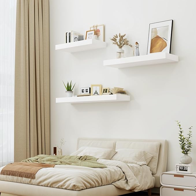 Heimlove 12" Deep White Floating Shelves for Wall, 24 Inch Wall Shelf Bathroom Shelves Set of 1, Mounted Shelves for Books Living Room Laundry Room Bedroom Kitchen Home Office