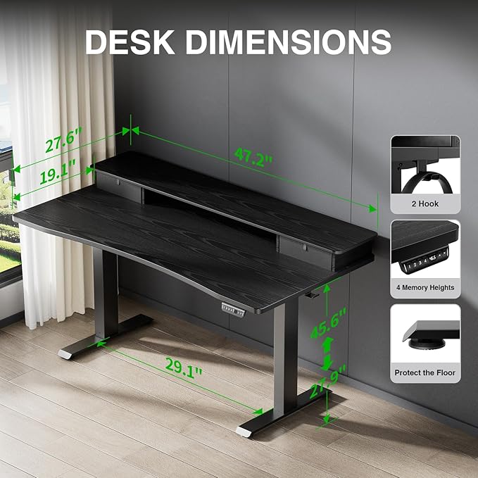 Veken 47.2"×27.6" Standing Desk with Storage Drawers, Adjustable Height Computer Table with Monitor Shelf, Home Office Desk for Study, Gaming, Workstation, Black