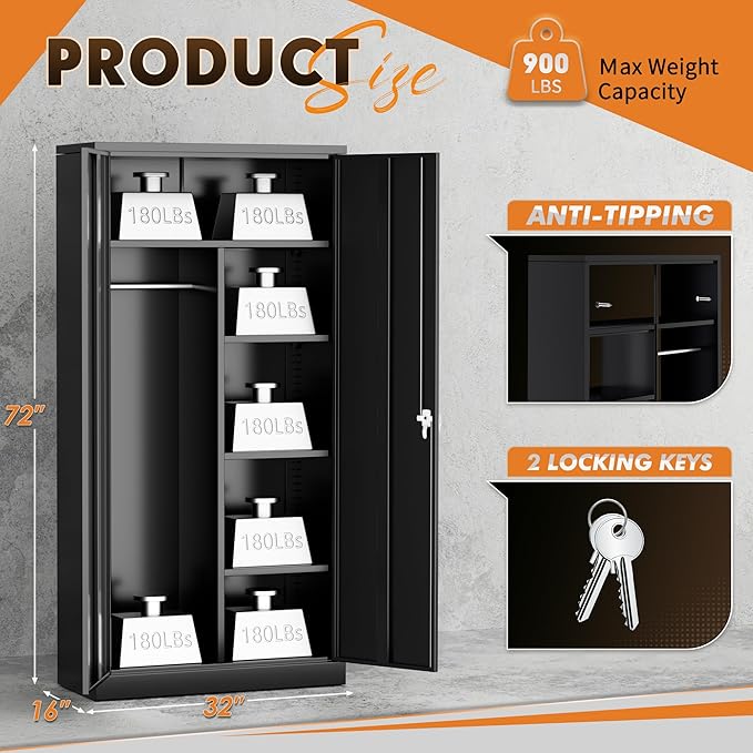 INTERGREAT Metal Wardrobe Closet, 72" H Metal Storage Armoires Cabinet with Lockable Doors and Hanging Rod, Armoire Wardrobe Closet with 4 Adjustable Shelves for Home Office, Warehouse, Garage, Black