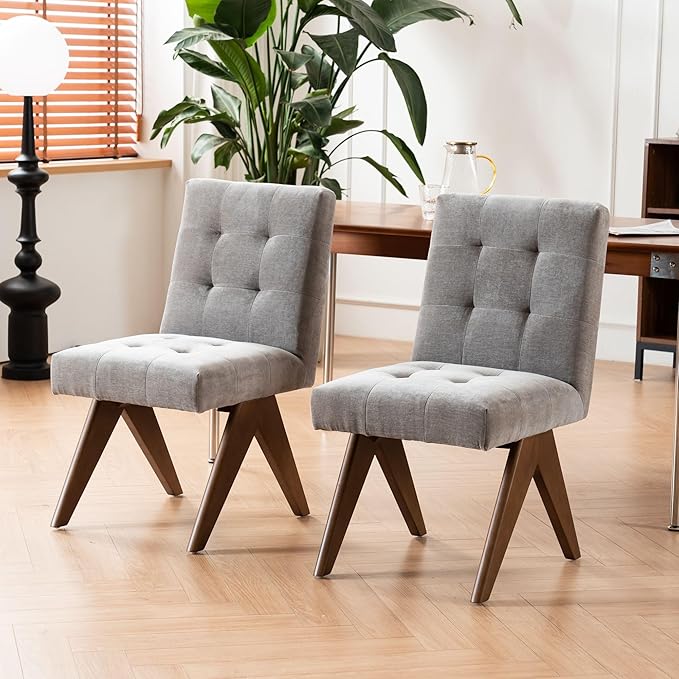 Rowill Modern Upholstered Dining Chairs Parsons Chair Linen Fabric Kitchen Chairs Tufted Armless Dining Room Chairs with Wood Legs Set of 6, Light Grey