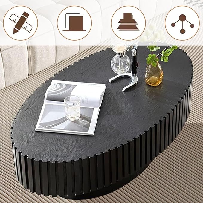 Oval Coffee Table, Handcrafted Fluted Drum Coffee Tables Modern Wood Coffee Table Drum Center Table for Living Room, Apartment (Oval Black)
