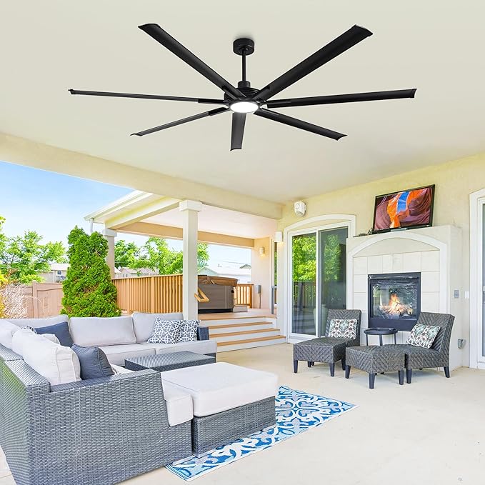 100 Inch Ceiling Fans with Lights, Black Industrial Ceiling Fan and Remote for Living Room Shop Garage, Large Outdoor Ceiling Fans for Patios, 7 Aluminum Blades, Reversible DC Motor, Dimmable, ETL
