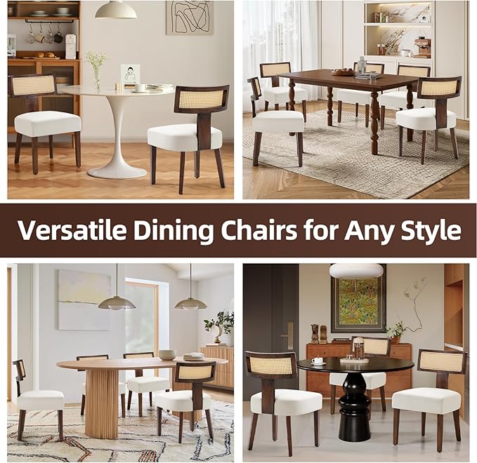 Upholstered Rattan Dining Chairs Set of 4, Mid-Century Modern Fabric Dining Room Chair with Brown Hardwood Frame, Curved Backrest Kitchen Chairs Armless Accent Chairs for Living Room (Cream)