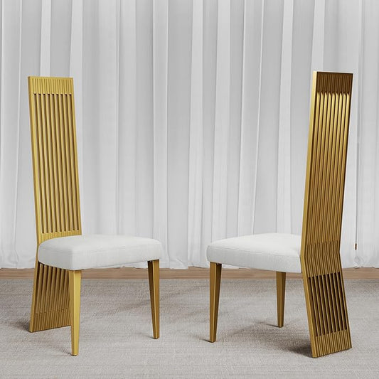 White and Gold Dining Chairs Set of 2, Upholstered High Back Dining Chairs with Brushed Stainless Steel Backrest and Legs, Modern Luxury Dining Room Chairs for Kitchen Living Room Restaurant
