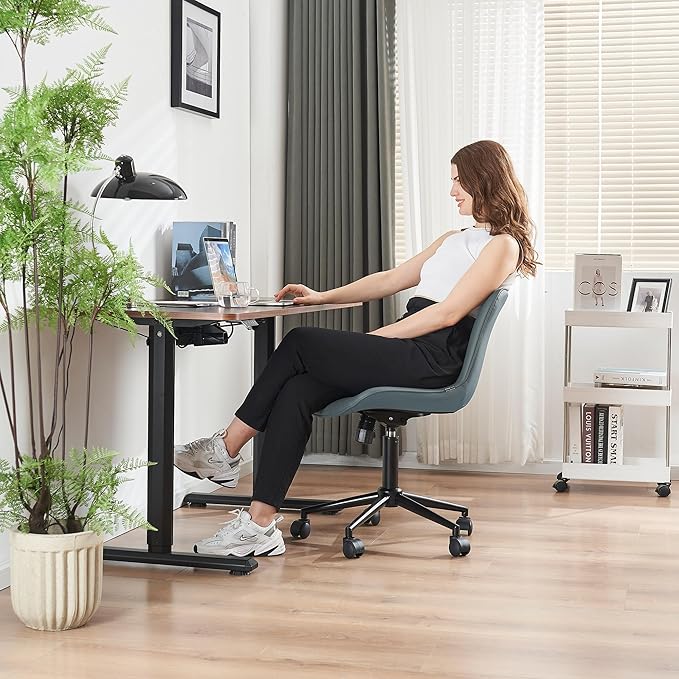 YOUNIKE Office Chair Armless Desk Chair with Wheels, Home Office Computer Task Chair, Modern Faux Leather Upholstered Vanity Chair, Adjustable Swivel Rolling Office Chairs, Slate Blue