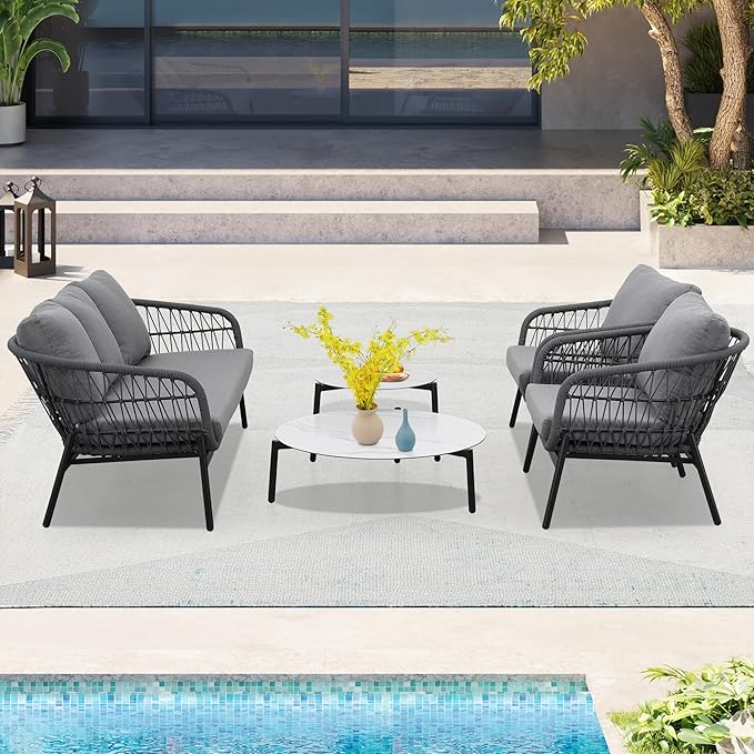 Wisteria Lane Boho Patio Furniture, 5 Piece Outdoor Furniture Set with Rope Woven Design, Rope Sofa Chair with Nesting Coffee Table for Garden, Balcony, Porch, Grey