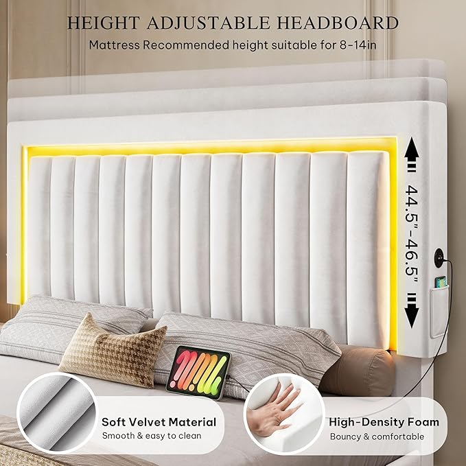 DWVO King Size Bed Frame with Adjustable Headboard, 4 Storage Drawers and RGB LED Lights, Velvet Upholstered Platform Bed with USB Ports, No Box Spring Needed, Fast Assembly, Noise-Free, White