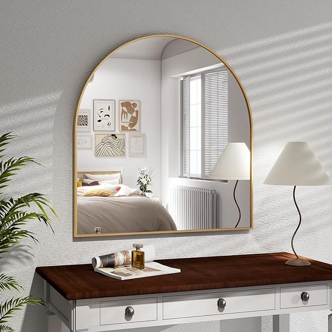 Arched Bathroom Mirror 32" x 34" for Bathroom Vanity Mirror or Wall Decor Gold Arch Mirror Aluminum Alloy Frame Wall Mounted Mirror for Living Room Bedroom Entryway