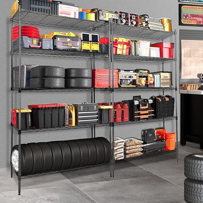 Whitmor 5 Tier Metal Storage Shelves, Heavy Duty with 4 Wheels & Adjustable Feet, 400 lbs Capacity per Shelf, Max 2000 lbs Total for Home, Garage, Workshop, 36" L x 14" W x 60" H, Black