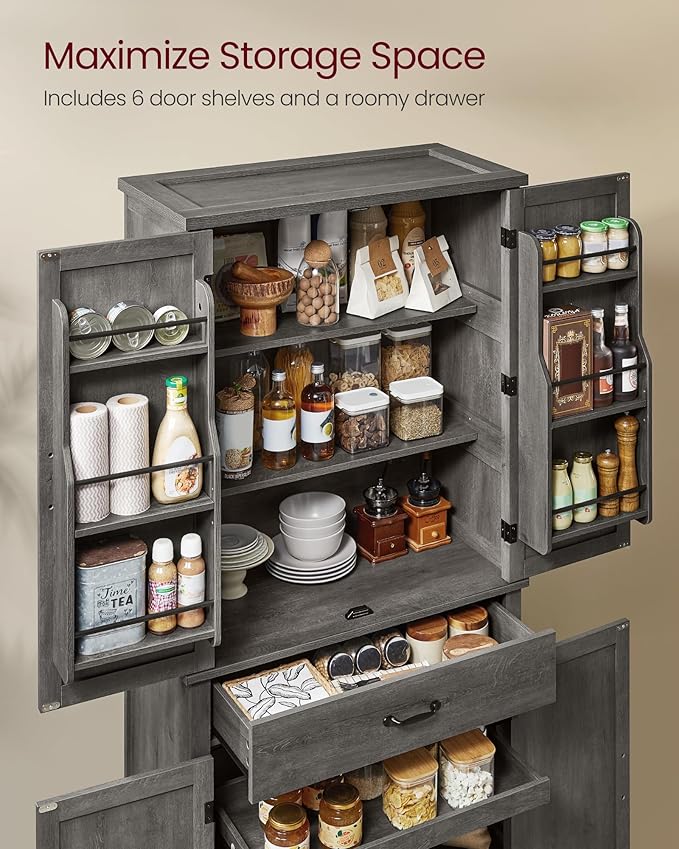VASAGLE LIRY Collection - Pantry Cabinet, 70.3-Inch Tall Farmhouse Kitchen Storage Cabinet with Barn Doors, Drawer, Tray, Adjustable Shelves, for Kitchen, Dining Room, Misty Gray UBBK364G01