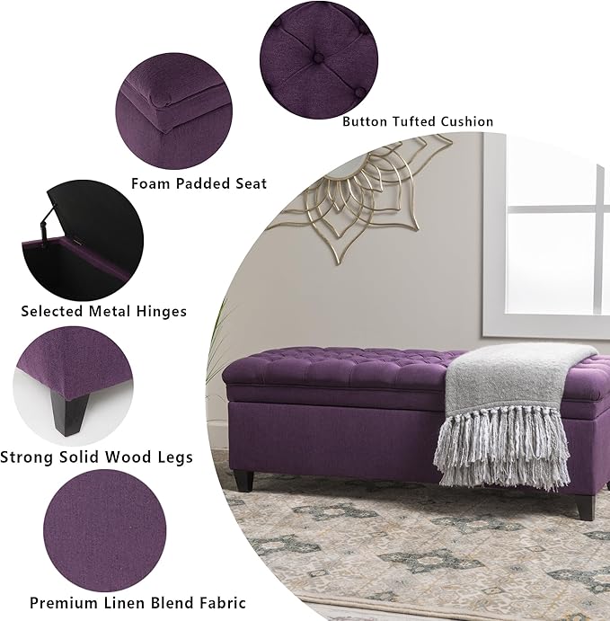 Setawix Linen Storage Benches for Bedroom,50" Bed End Bench with Storage,Tufted Purple Storage Ottoman Bench for Living Room,Rectangle Entryway Benches with Storage and Seating (Purple, Linen)