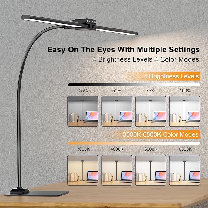 EppieBasic Led Desk Lamp,24W 31.5IN Architect Double Head Desk Lamps for Home Office,Dimmable & 6 Color Modes Extra Bright Modern Table lamp with Base,Overhead Computer Lighting for Workbench Monitor