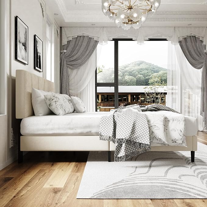 Queen Size Platform Bed Frame with Upholstered Headboard, Wooden Slats Support, Noise Free, No Box Spring Needed, Easy Assembly, Beige, Velvet