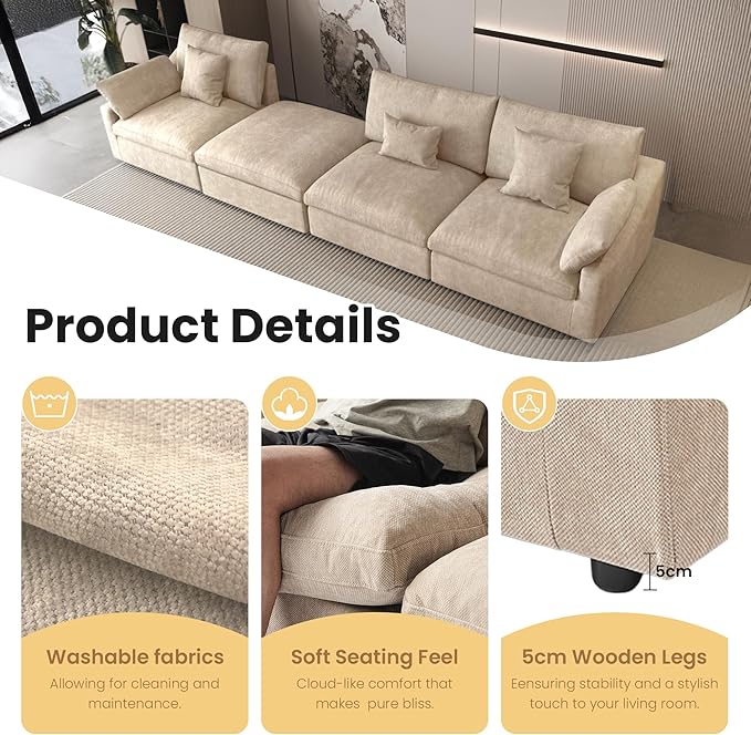 WJShome 83" Cloud Couch Sectional for Living Room, Down Filled Modular Sectional Sofa,Love Seat Sofas,Convertible Couch, Sofa Covers Washable&Replaceable,Khkai
