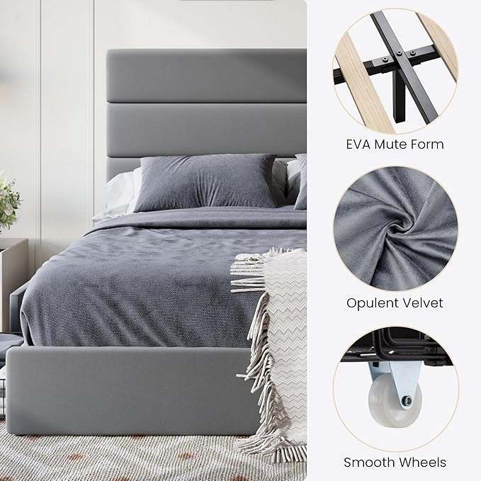 SHA CERLIN Queen Size Platform Bed Frame with 4 Storage Drawers, Velvet Upholstered Headboard, Mattress Foundation with Wooden Slats Support, No Box Spring Needed, Easy Assembly, Grey