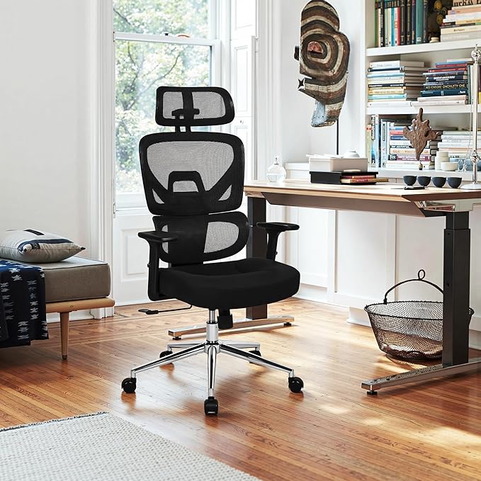 VECELO High Back Ergonomic Office Chair, Big and Tall Mesh Desk Chair with Wheels, Tilt Function, 3D Headrest, Lumbar Support, Swivel Rolling Computer Chair for Task, Home Office, Black