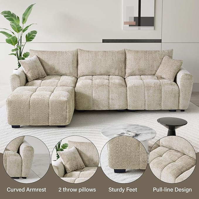 110" L Shaped Modern Boucle Sofa Modular Sectional Cloud Couch with Ottoman, Tufted 4-Seat Deep Seat Sofa with Pillows for Living Room, Bedroom and Apartment, Light Brown