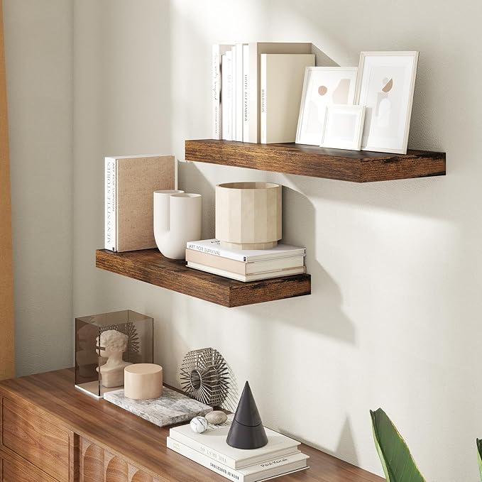24 Inch Floating Shelves for Wall, 8 Inch Deep Floating Shelf for Storage & Display, Wall Mounted Shelf with Invisible Brackets for Living Room, Kitchen, Bathroom, Home Decor, Set of 2, Rustic Brown