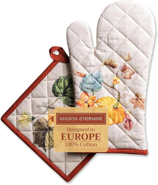 Maison d' Hermine 100% Cotton Oven Mitt & Pot Holder Set (7.5"x13" & 8"x8") Heat Resistant BBQ Cooking Gloves with Loop for Thanksgiving Christmas Decorations Handling Hot Pans (Potiron)