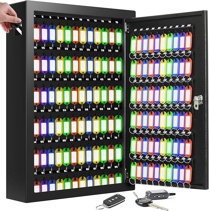 150 Keys Cabinet Organizer Wall Mount, Heavy Duty Key Lock Box with Key Hooks & 150 Tags Key Labels, Security Lockbox for Valets, Hotels, Car, Office Key Management & Storage