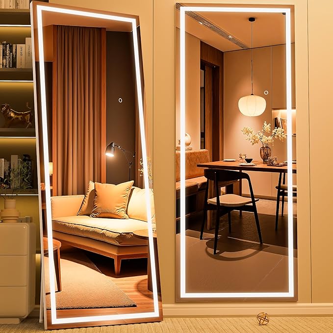 Full Length Mirror with Lights, 71" x 24" LED Lighted Floor Standing Mirror, Tempered Glass, Square White