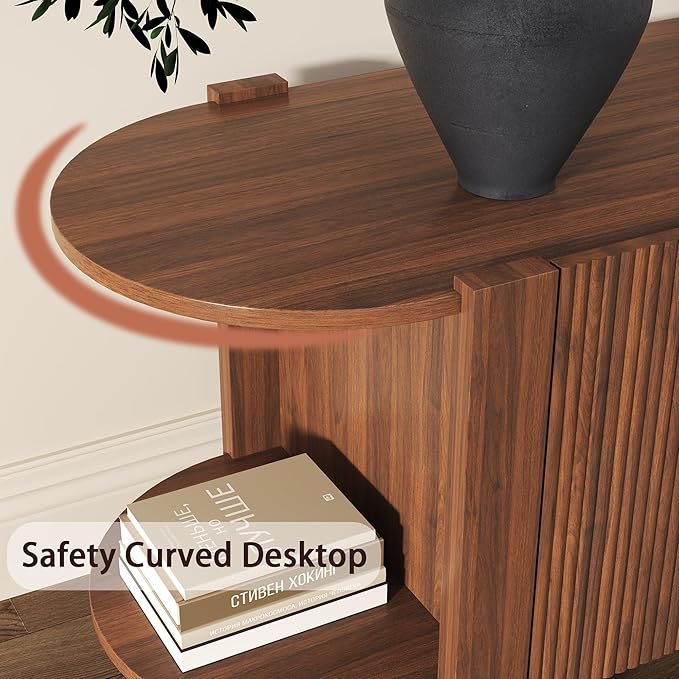 65 Inch TV Stand for Up to 75 inch TVs, Fluted Entertainment Center with Adjustable Shelve, Curved Round Corner TV Console Table with Storage Cabinet for Living Room, Bed Room (Walnut Color)