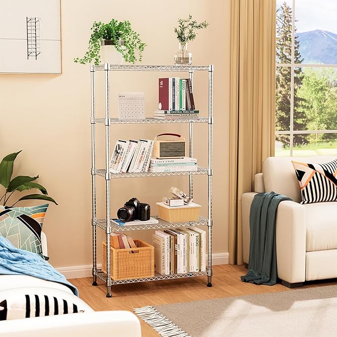 MZG 1750 lbs 5 Tier Storage Rack Metal Wire Shelving Unit, Storage Standing Household Shelf Organizer for Kitchen Pantry Closet Garage Basement Utility Room, Chrome 15.7" D x 45.3" W x 70.4" H