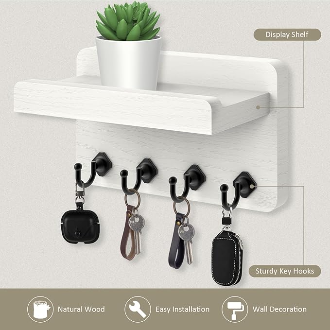 Nekon Key Holder Wall Mount, 8.5 Inch Small Home Decor Wooden Wall Organizer with 4 Hooks and Shelf, Key and Mail Holder for Living Room Entryway Kitchen(White)