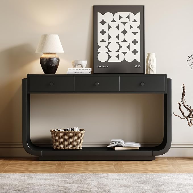 Merax 55" Entryway Table with 3 Drawers, Natural Wood Grain Finish Console Table with Fluted Design for Entryway and Living Room (Black)