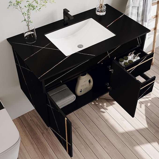 Goujxcy 35.4" Wall Mounted Bathroom Vanity with Sink, Modern Floating Bathroom Cabinet with Ceramic Sink & 2 Drawers, Wood Hanging Bath Room Cabinet with Soft-Close System (Black)