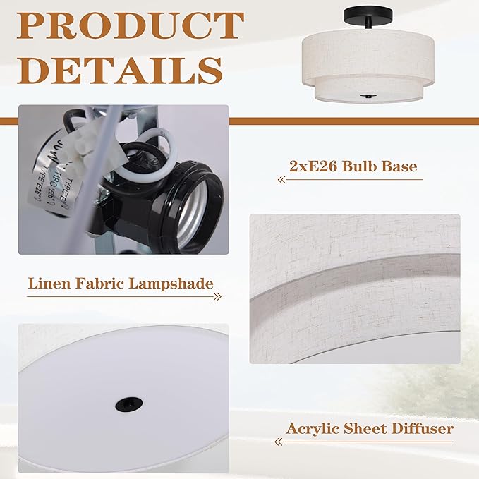 2 Light Semi Flush Mount Ceiling Light Fixture 12.6 Inch Modern Black Drum Ceiling Light Fixture with 2-Layer Fabric Shade Dimmable Close to Ceiling Light for Living Room Hallway Bedroom Entryway