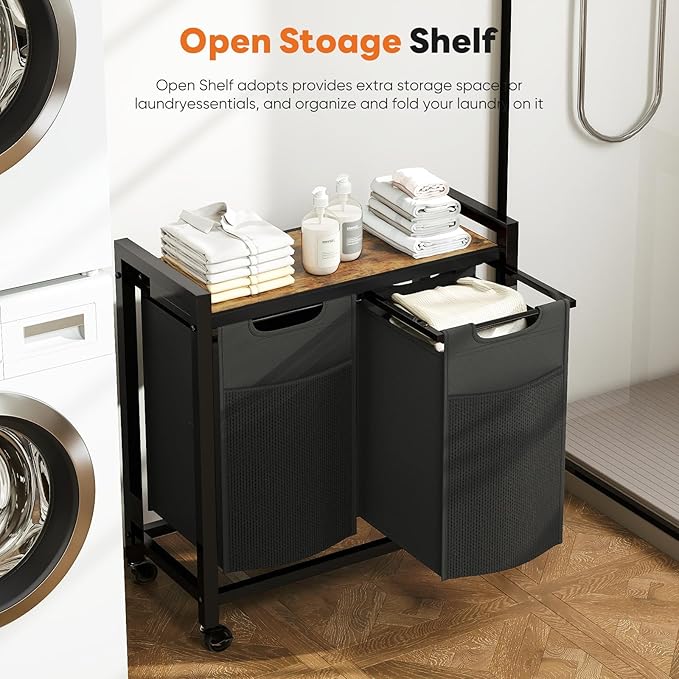 Sweetcrispy Laundry Hamper with 2 Pull-Out Removable Sorter Bags, Movable Wheels, Freestanding Clothes Basket Organizer in Bathroom, 2 × 13.1Gal (99L) Capacity, Rustic Brown and Black